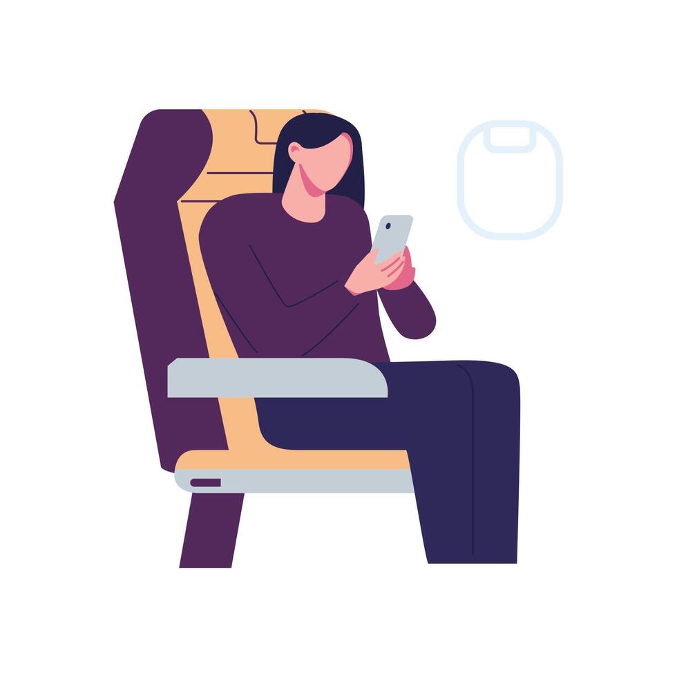 mujer mirando desde el avión ventana plano estilo ilustración diseño vector