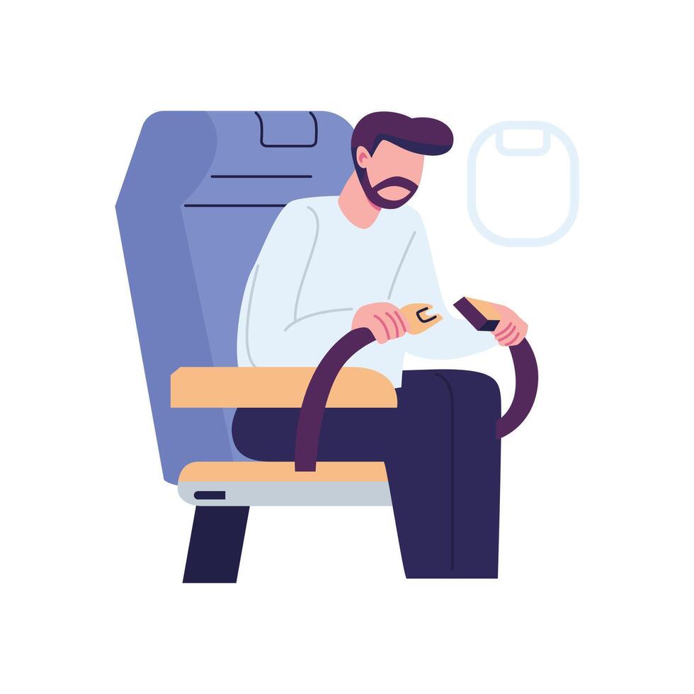 hombre sujeta asiento cinturón en avión plano estilo ilustración diseño vector