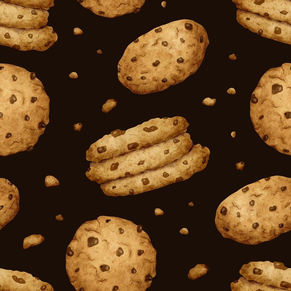 chocolate chip galletas. acuarela mano dibujado sin costura modelo. antecedentes de tradicional americano hecho en casa galletas. impresión para diseño de etiquetas, embalaje de bienes, tarjetas, para panadería, pastelería. vector