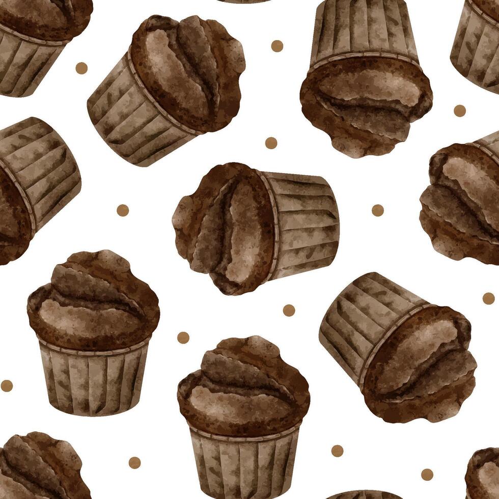 acuarela sin costura modelo de chocolate magdalenas. dulce panadería productos antecedentes de Pastelería para diseño de etiquetas, embalaje de bienes, tarjetas, para panadería, pastelería. vector