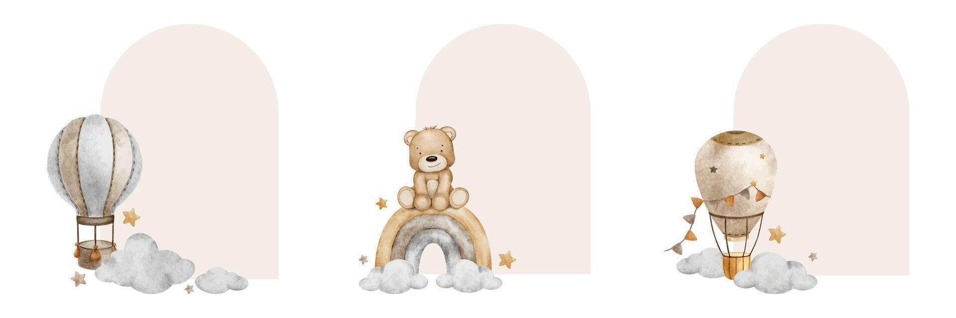 Teddy bear, rainbow, clouds and stars. Children's background. Cute watercolor isolated frame for kid's goods, postcards, baby shower and children's room vector