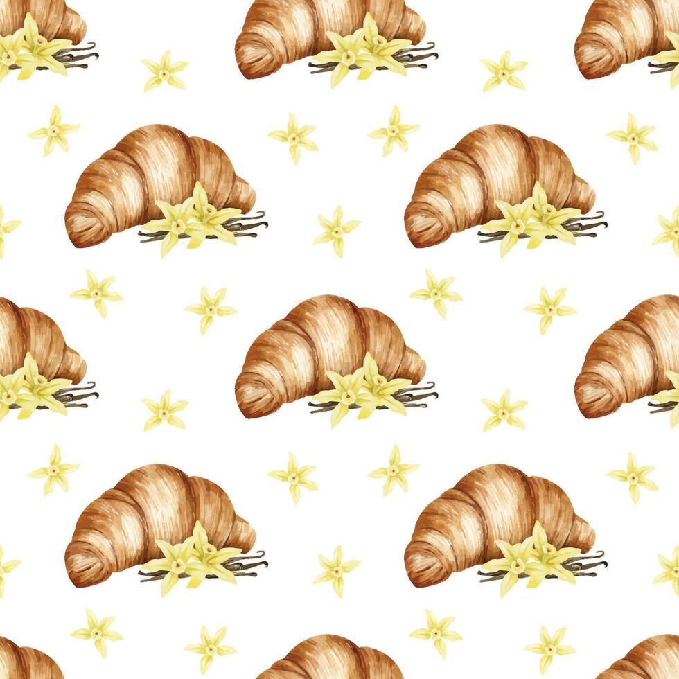 Watercolor seamless pattern of Croissants, vanilla flowers and pods. Traditional French breakfast bun. Background of Pastry for design of labels, packaging of goods, cards, for bakehouse, bakeshop. vector