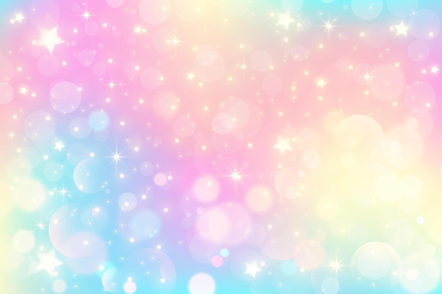 Rainbow gradient sky background. Unicorn space with glitter and stars. Holographic pastel magic texture with bokeh. Wallpaper vector