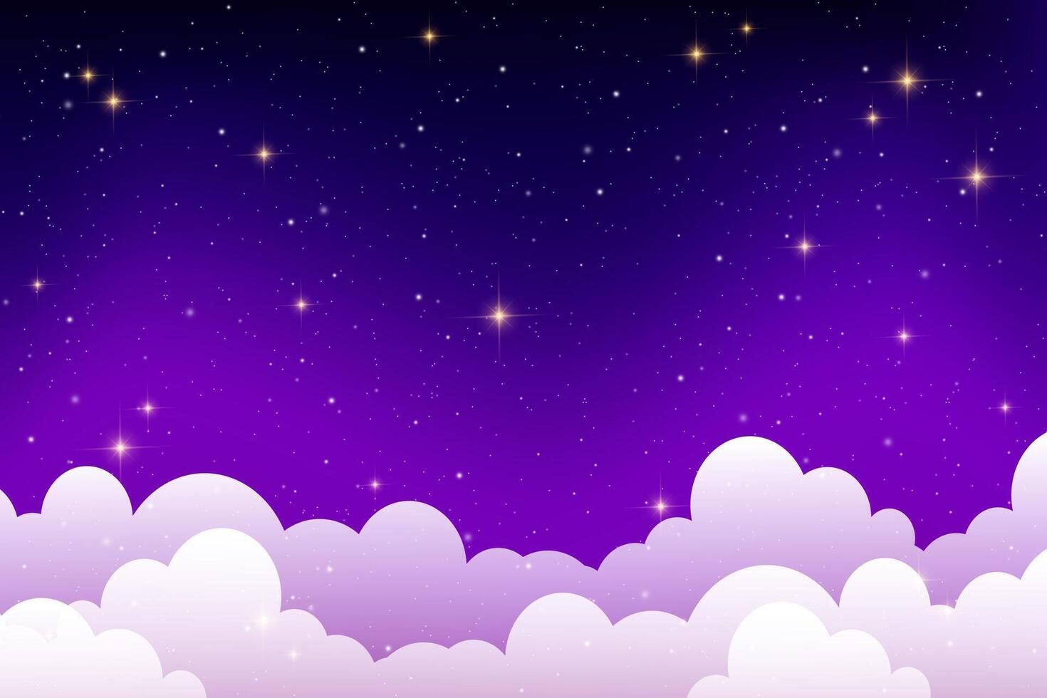 Night cloudy sky. Purple and blue abstract space with stars and sparkles. Cute dreamy wallpaper with magic light. Dark evening heaven landscape. Gradient sunrise with twilight calm dusk. vector