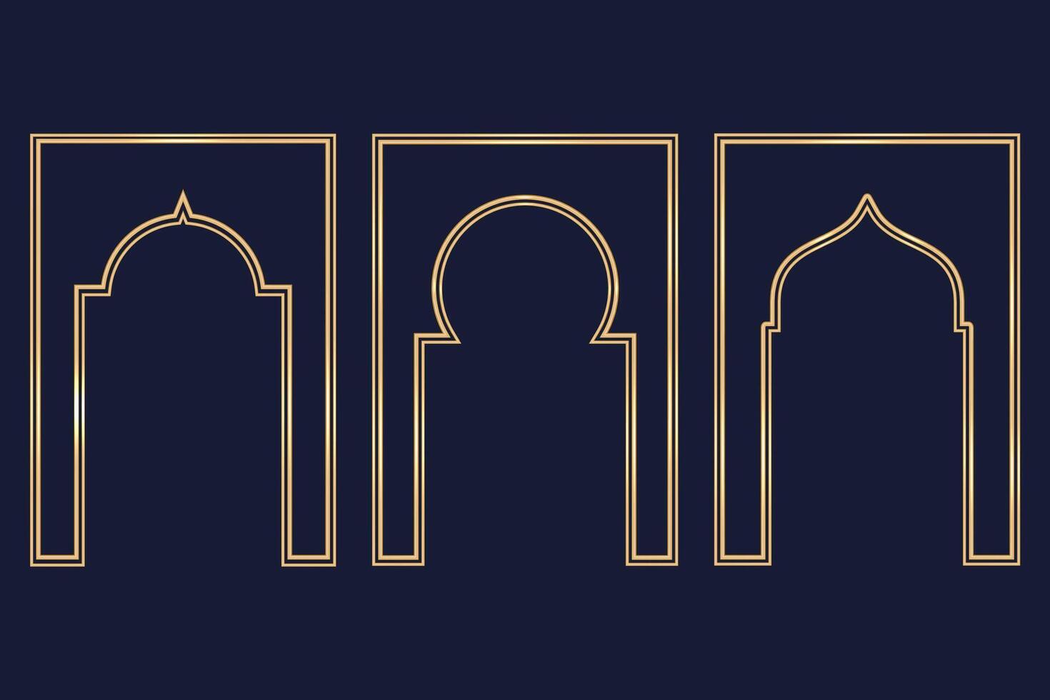 Ramadán islámico arco marco. musulmán tradicional puerta ilustración para Boda invitación enviar y plantillas. dorado marcos en oriental estilo. persa ventanas formas colocar. vector