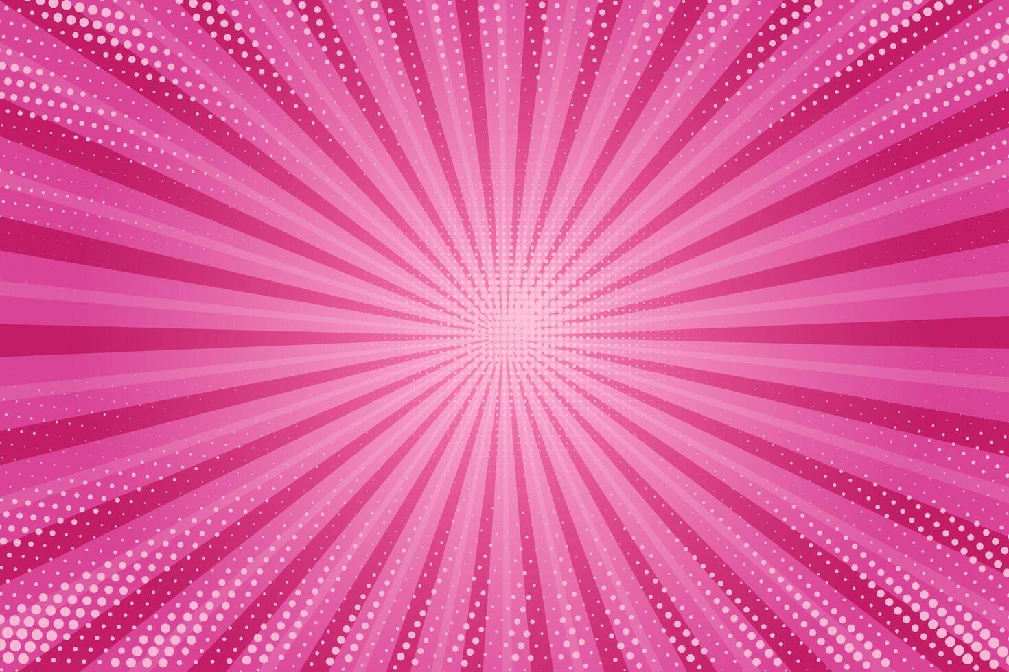 Pink comic background. Cartoon pop art burst rays pattern. Abstract radial texture frame with stars. Retro superhero explode with halftone effect vector