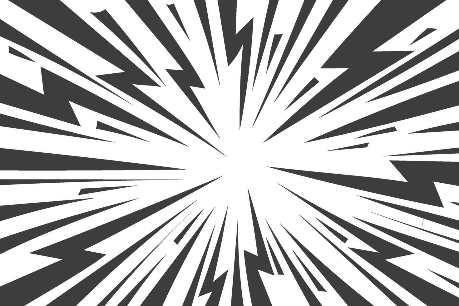 Speed lines in frame for manga comics book. Radial motion background with flash and lightning. Monochrome explosion and flash glow. Concentric textured illustration vector