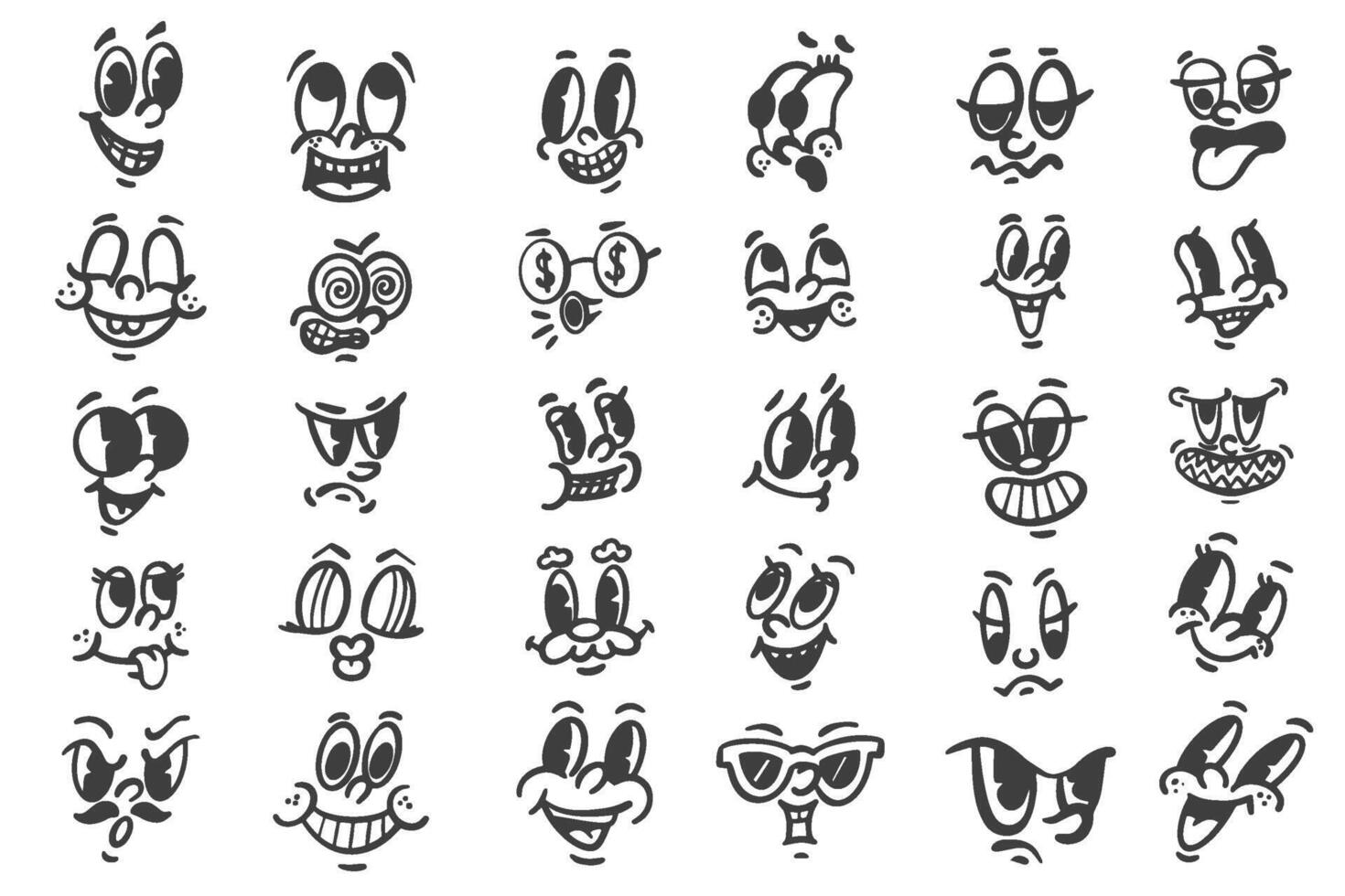 Cartoon retro faces. Vintage mascots with comic cute eyes and mouths. Funny icons set of happy smiling character expressions. 30-50s design emotions elements. Simple caricature heads vector