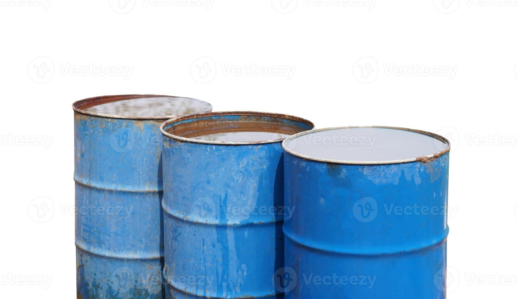 Blue old barrels contain water, isolated on white background. Concept, reuse material for storage water. photo