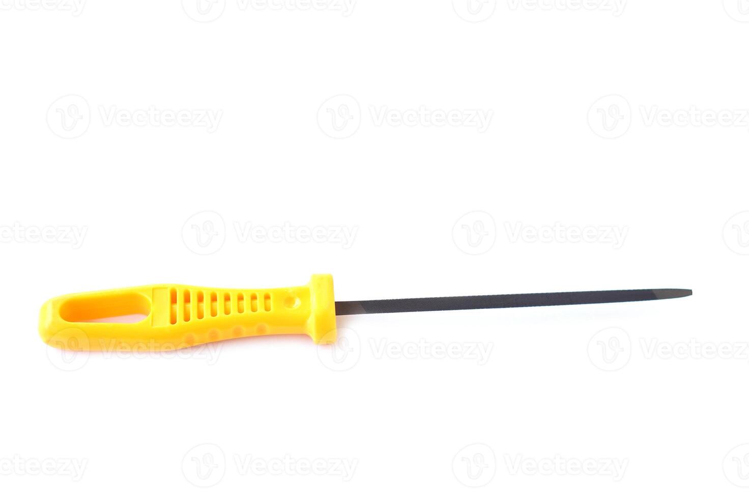 Metal rasp, yellow handle isolated on white background. Concept, Equipment, handwork tool for sharpening other materials. photo