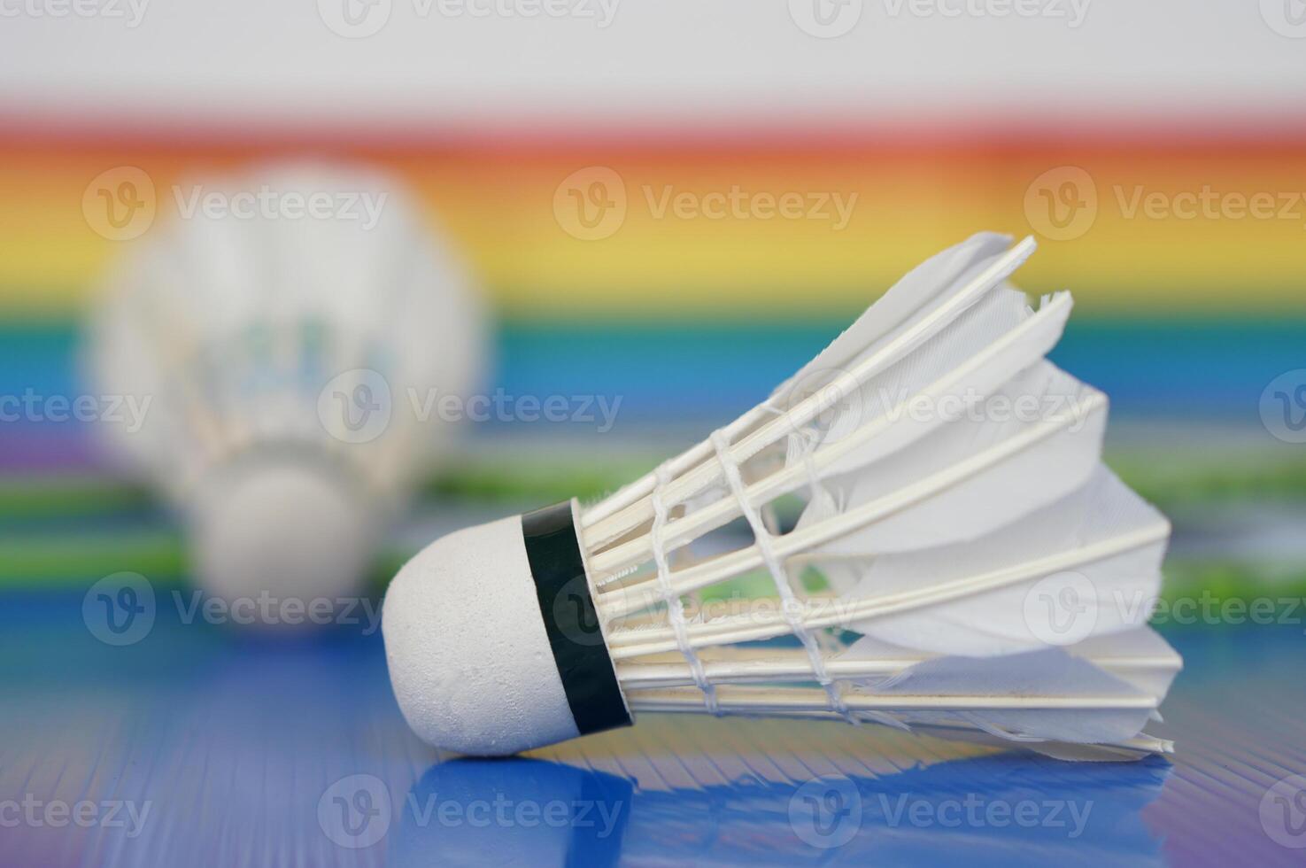 Badminton shuttlecock, sport equipments. Concept, sport, exercise, recreation activity for good health. Popular sport for all genders and LGBTQ worldwide. photo