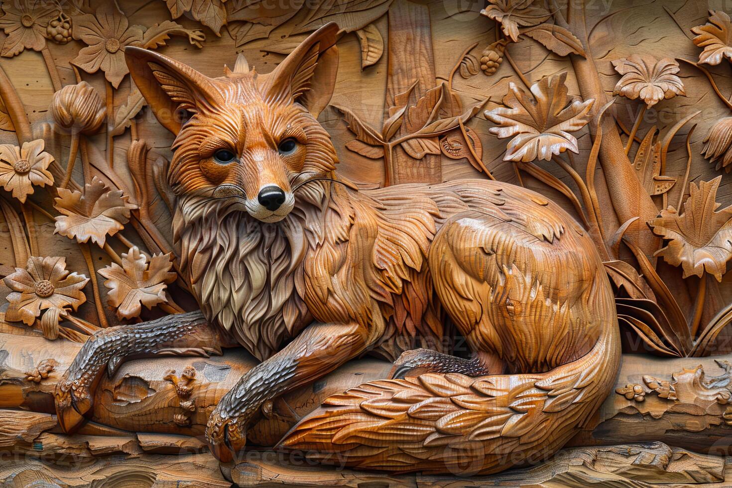 Detailed wood-carved fox depth map for versatile design exploration AI Image photo
