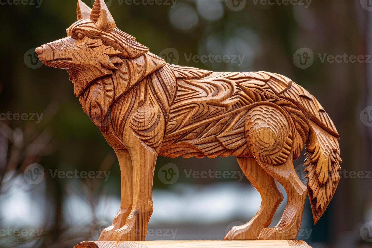 Elegant wooden wolf sculpture with meticulous craftsmanship, displaying proud posture AI Image photo