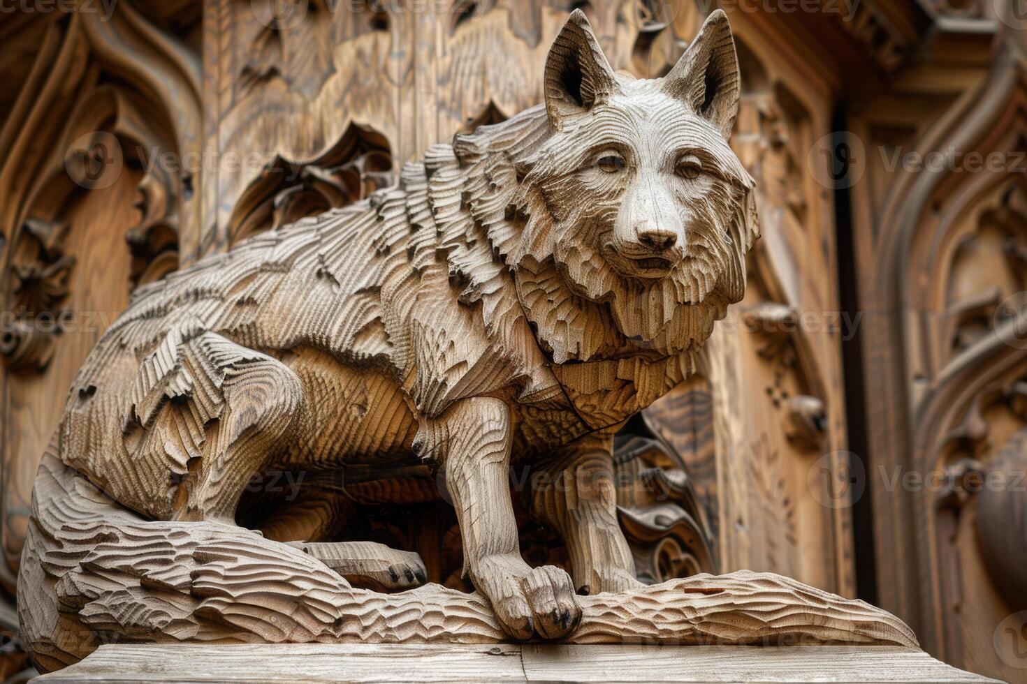 Handcrafted wooden wolf sculpture featuring intricate craftsmanship and proud pose AI Image photo