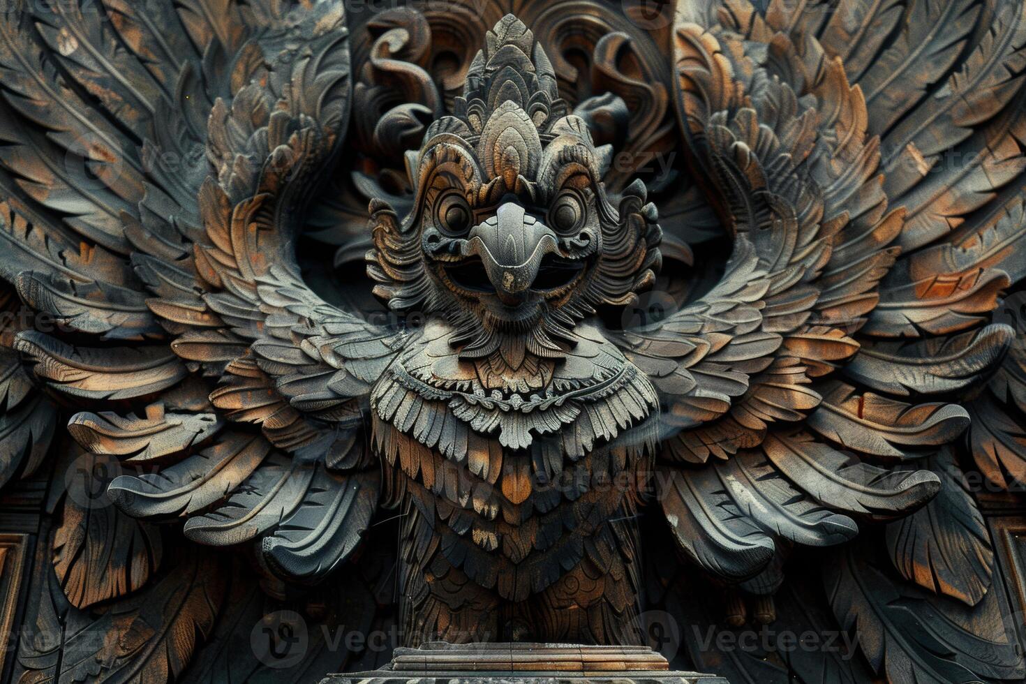 Garuda wooden sculpture featuring powerful wings and fierce expression AI Image photo