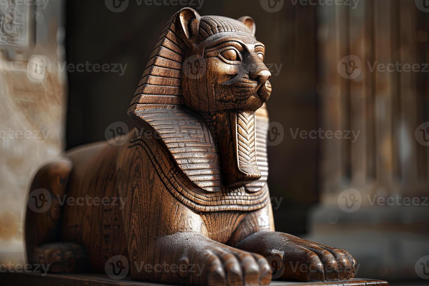 Enigmatic Aura The Regal Wooden Sphinx with a Mystical Presence. AI Image photo