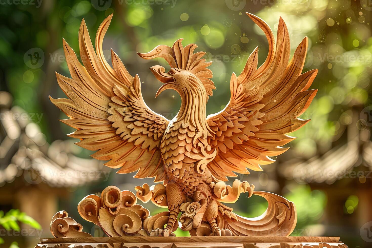 Majestic Wooden Phoenix Fiery Plumage and Wingspan. AI Image photo