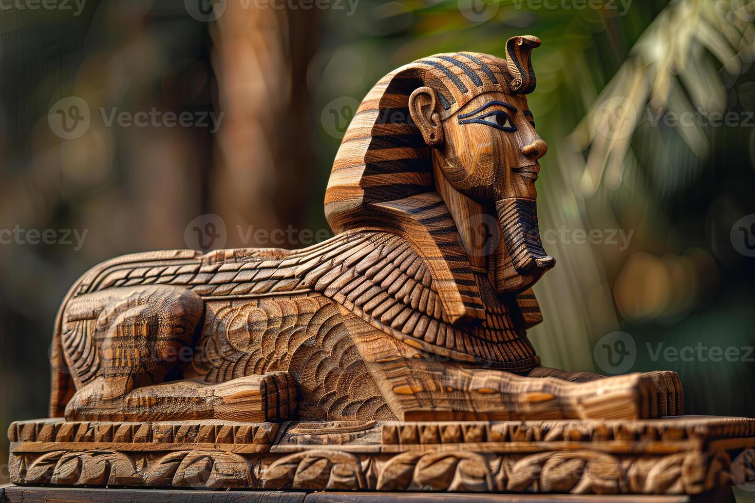Mysterious Wooden Sphinx Majestic Stance and Enigmatic Visage. AI Image photo