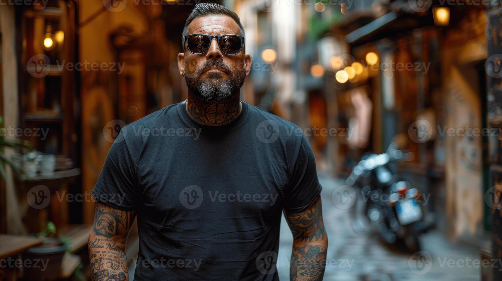 un hombre con tatuajes vistiendo un negro camisa y Gafas de sol foto