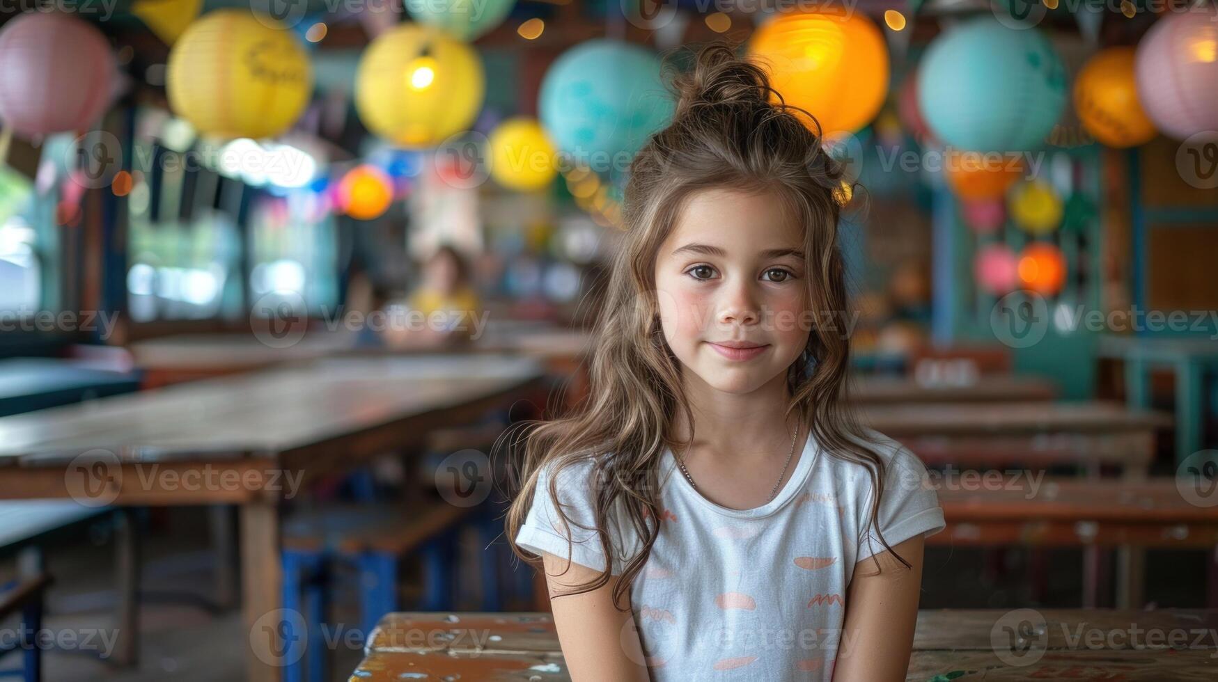 A young girl sits at a table in a restaurant photo