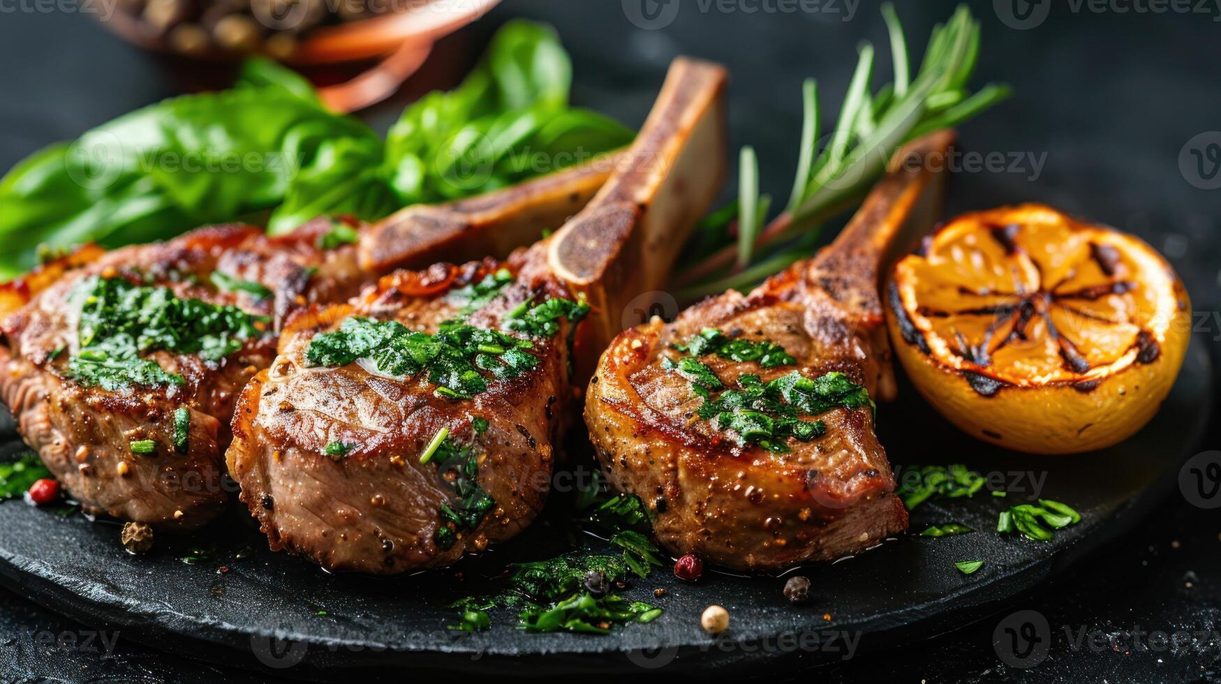 Black plate with grilled meat and assorted vegetables photo