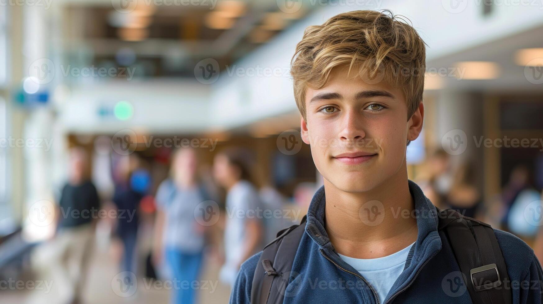 A young man with a backpack standing in front of a building photo