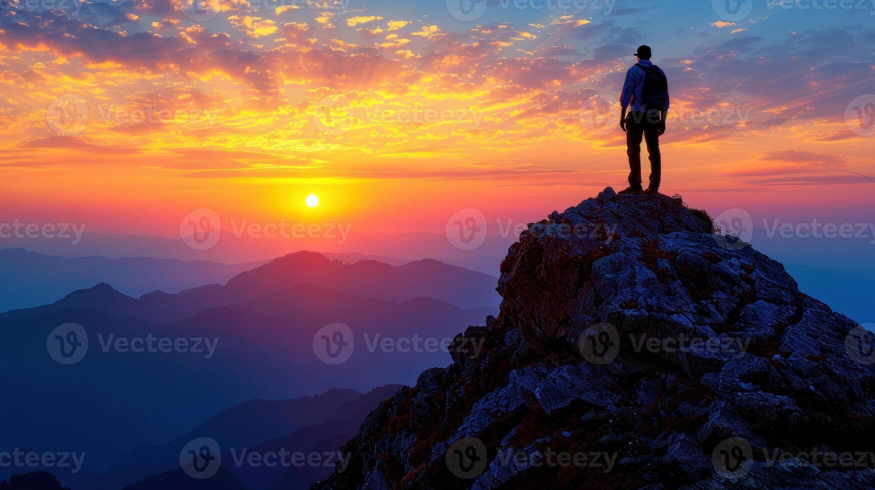 A man standing proudly on a mountain peak as the sun sets in the background photo