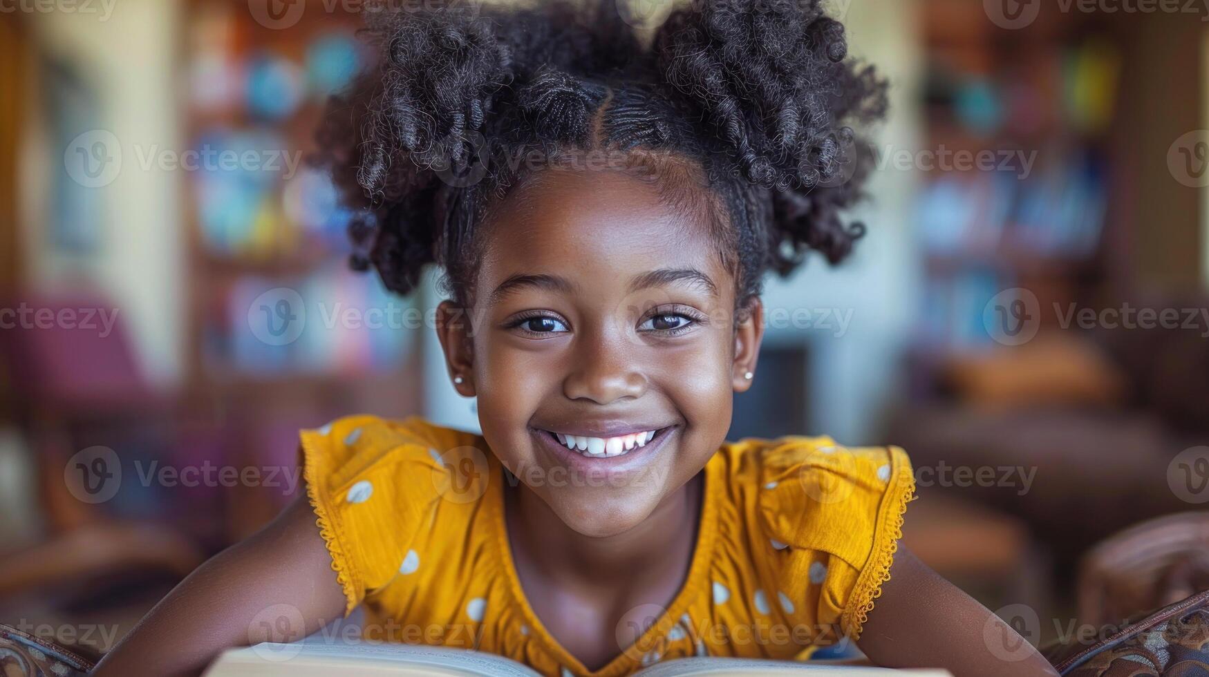 A young girl sitting and smiling while reading a book photo