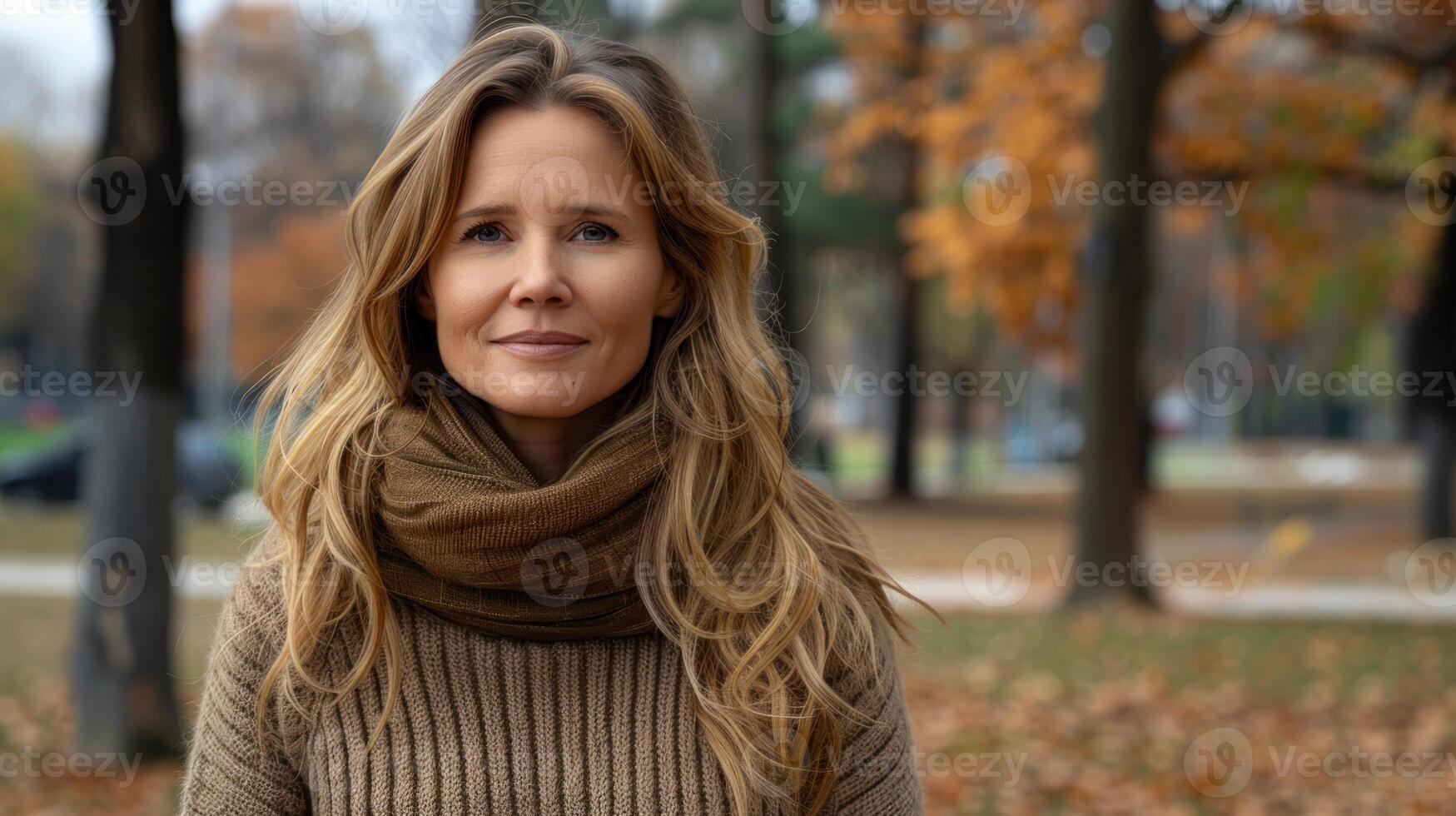 A woman standing outdoors in a park, wearing a scarf around her neck photo