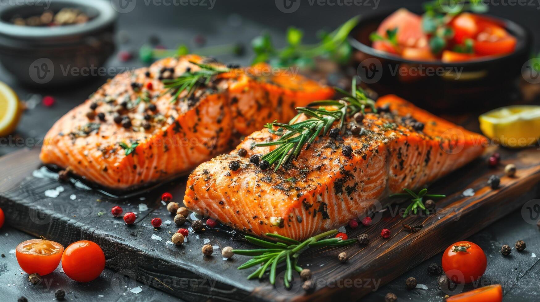 Two fresh salmons arranged on a wooden cutting board with vibrant herbs and tomatoes photo