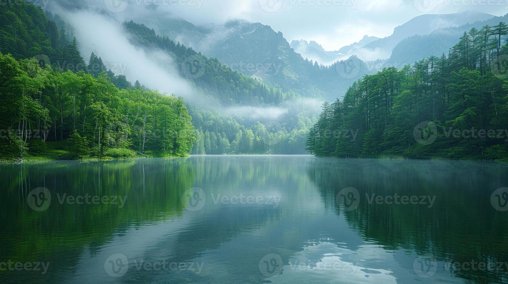 A large body of water reflecting the surrounding forest landscape photo