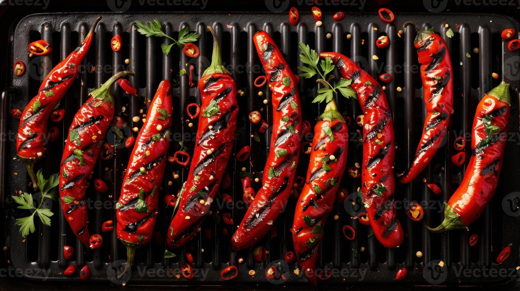 Grill with fresh red peppers being cooked photo