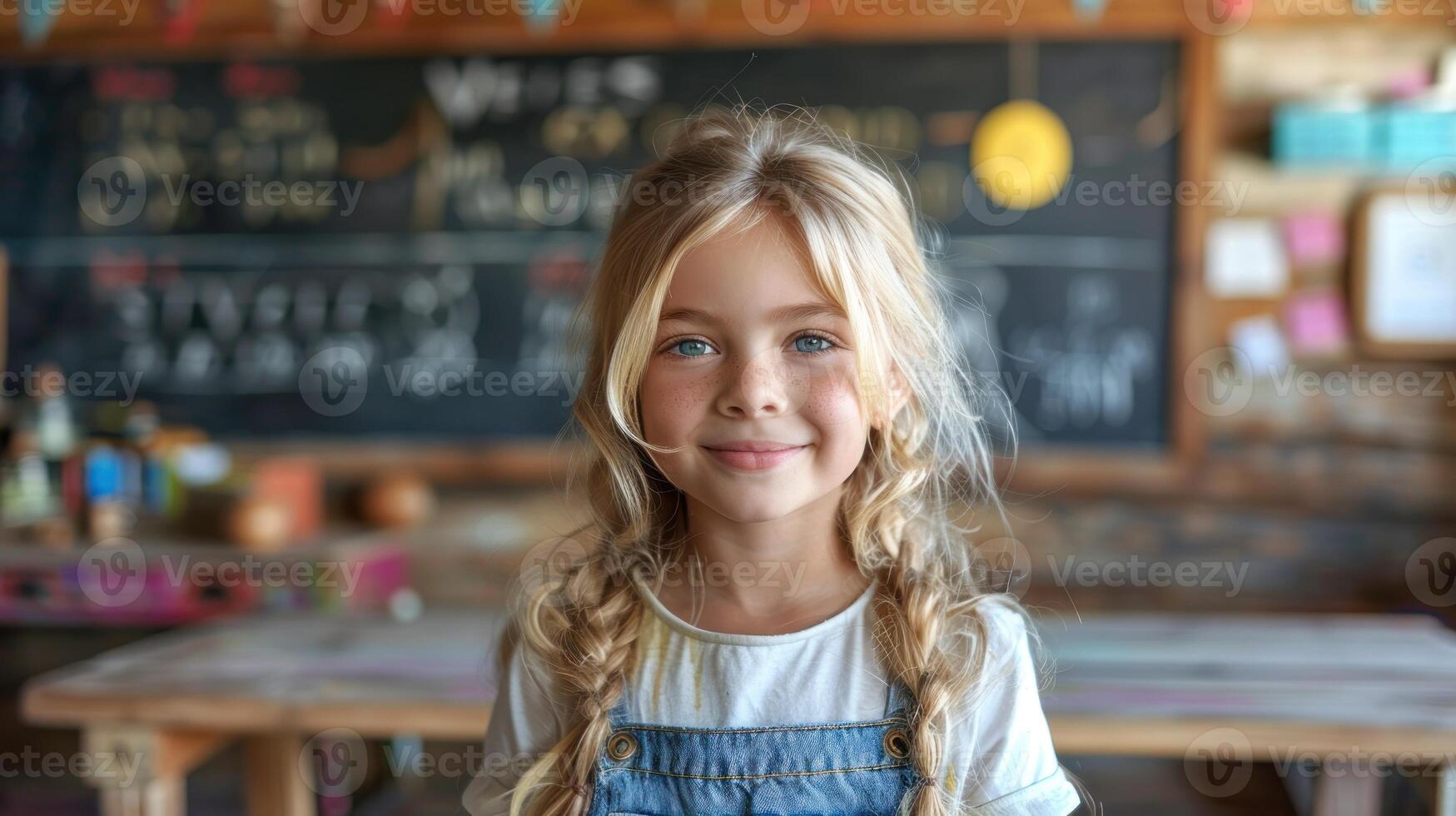 Young child standing near a chalkboard, possibly in a classroom or school setting photo