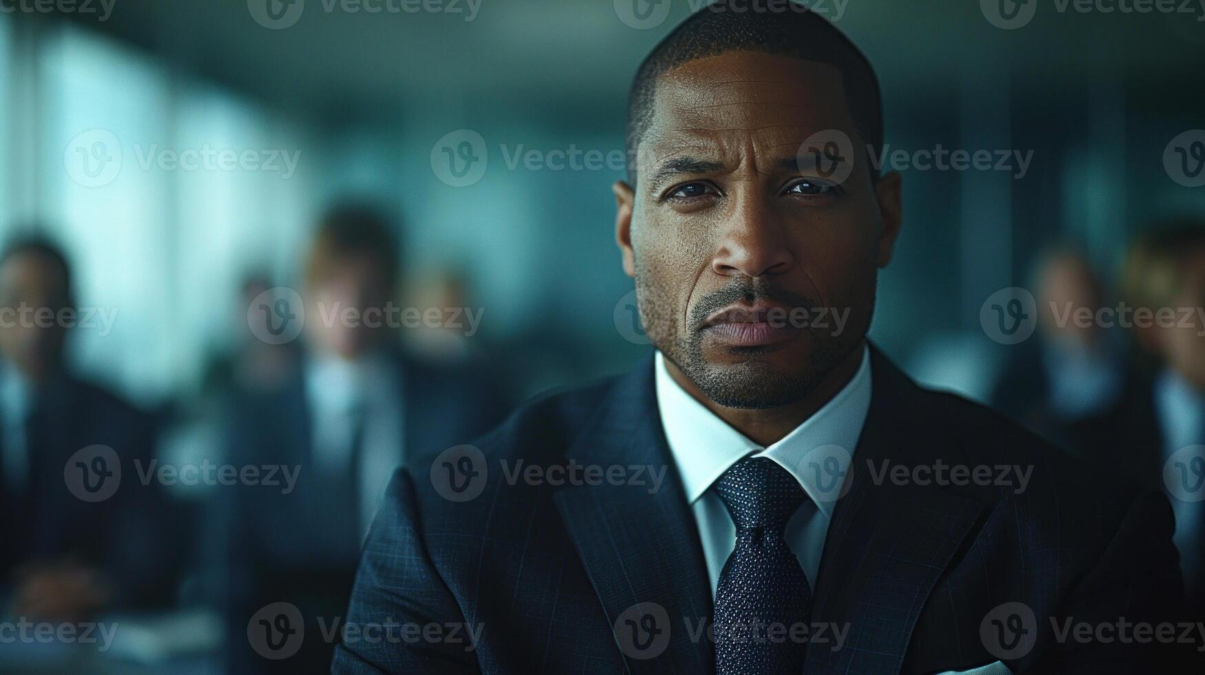 A man in a suit and tie standing in front of a group of people, leading a meeting photo