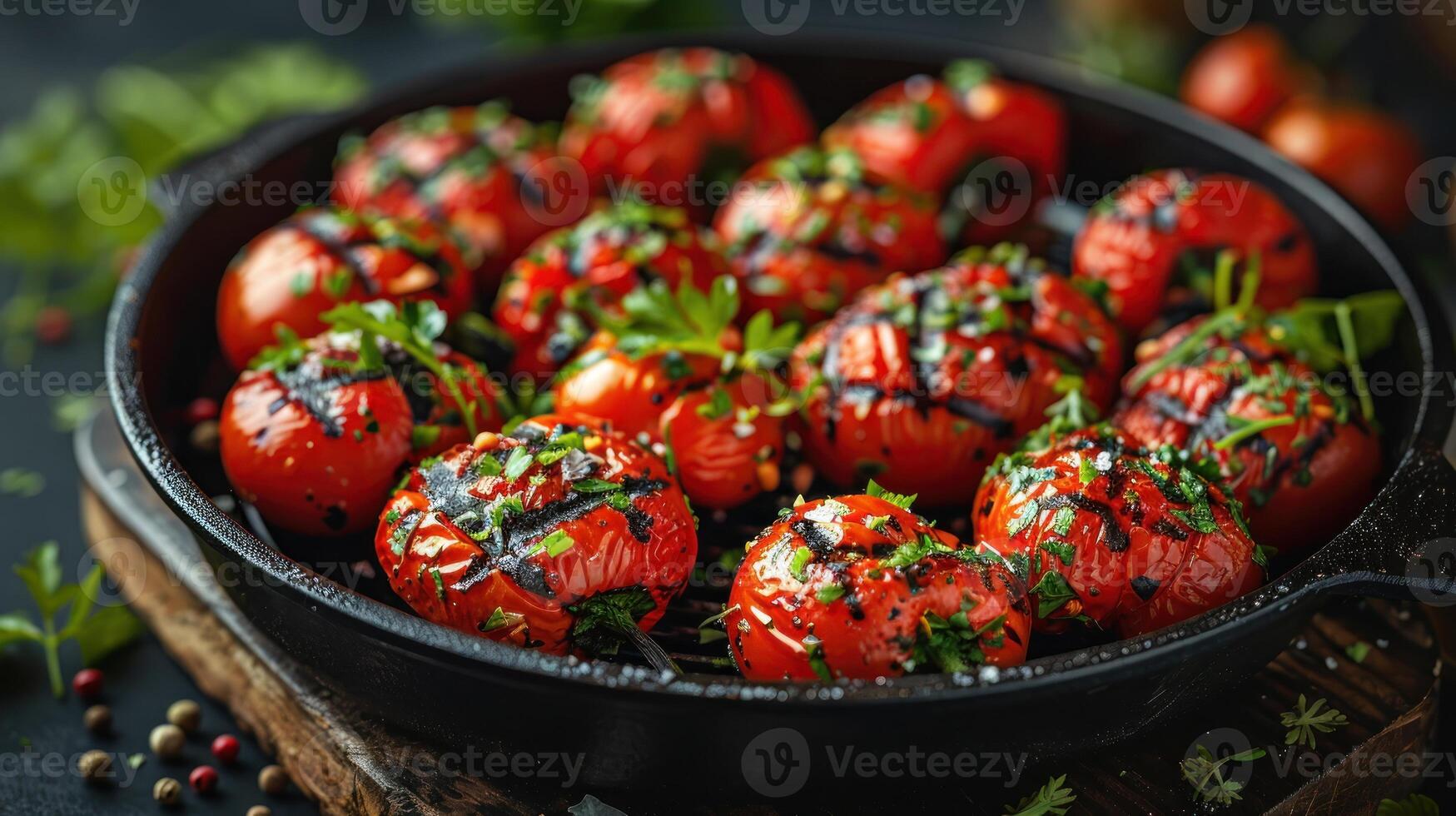 A pan filled with ripe red tomatoes, freshly harvested and ready for cooking photo