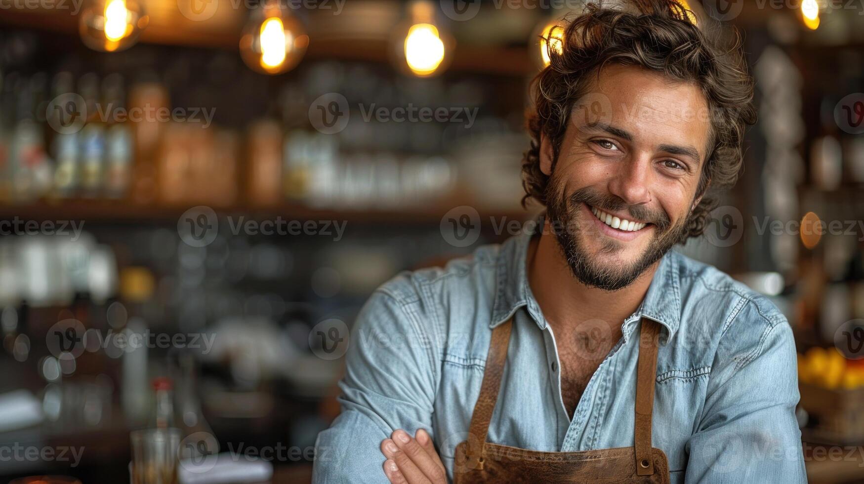 Bearded man in an apron stands in front of a bar photo