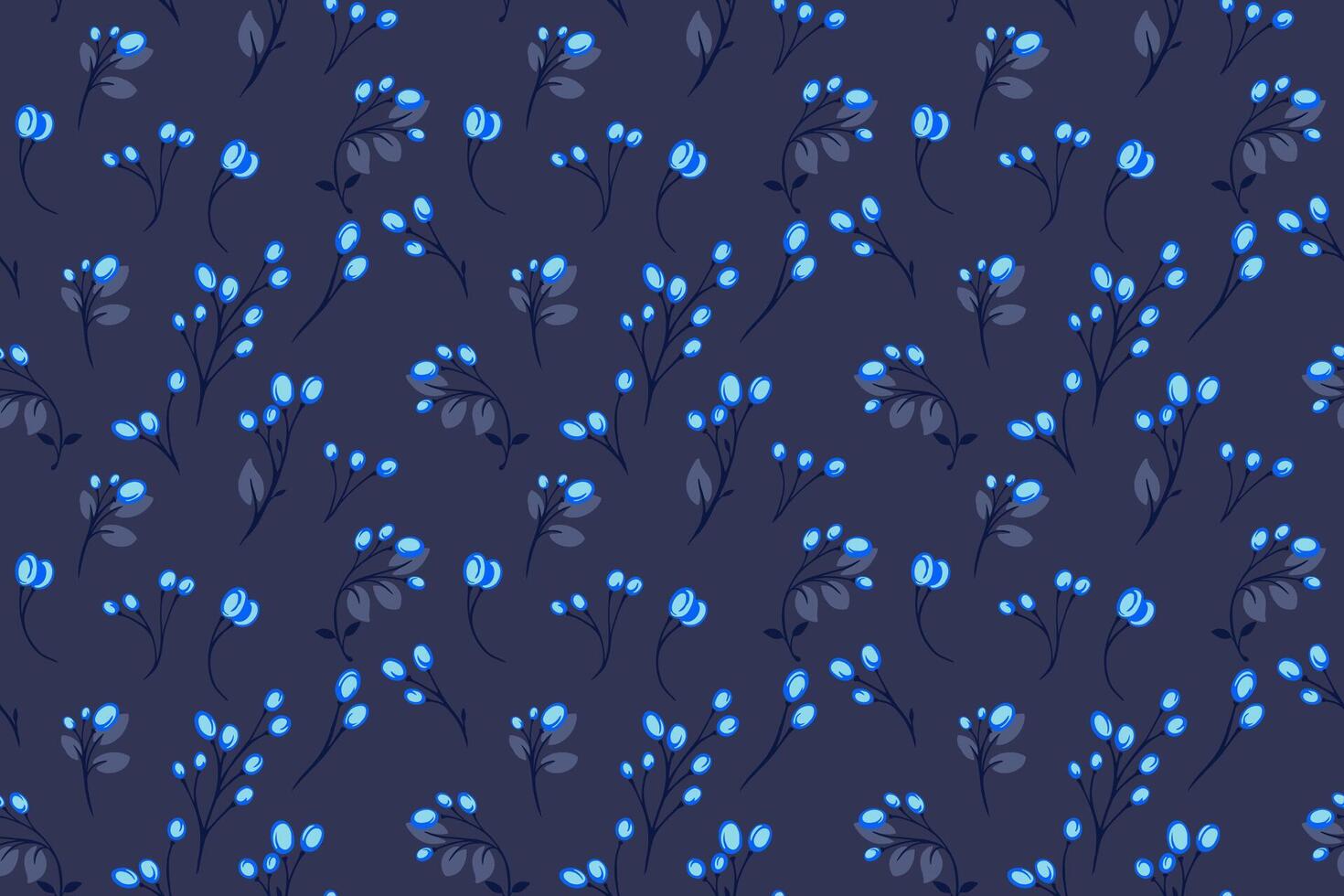 Bright dark blue abstract seamless pattern. hand drawn. Creative tiny branches with shapes berries, drops, dots, spots and leaves. Template for design, textile, fashion, printing vector