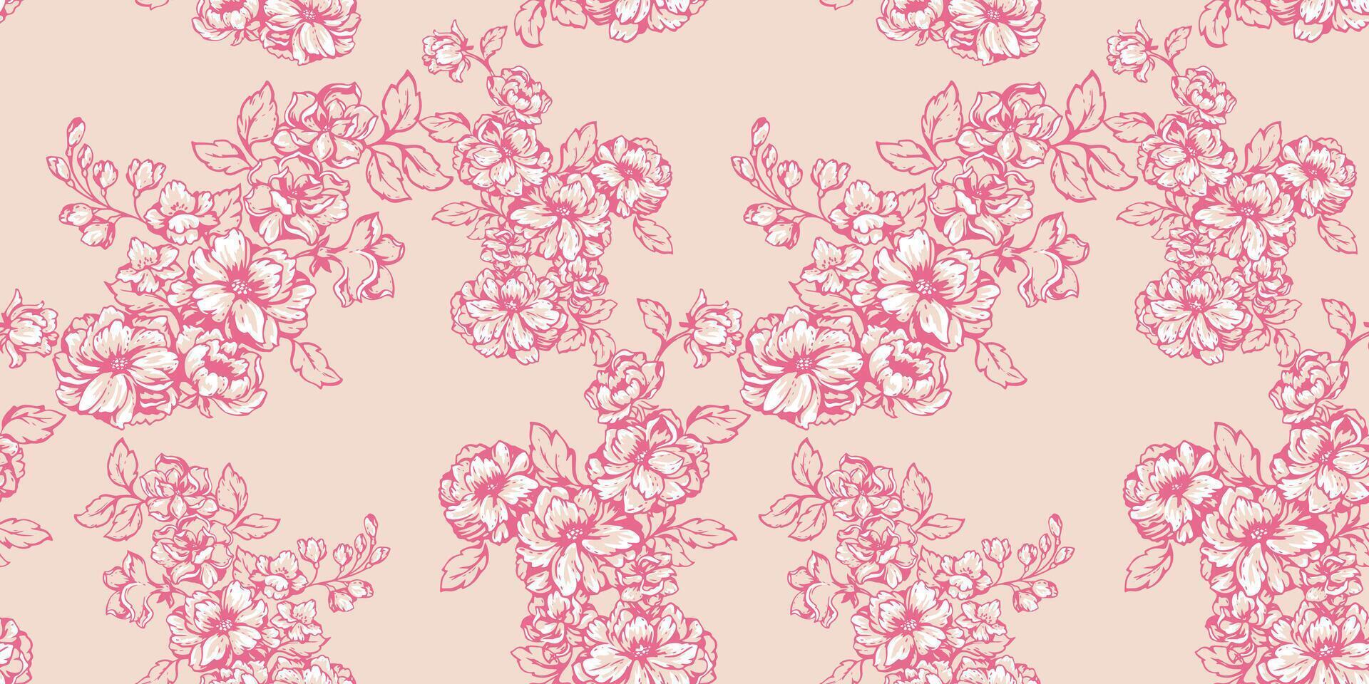 Pastel abstract artistic pink contour silhouette floral stems seamless pattern. Stylized blossom wild flower, buds, leaves background. hand drawn sketch. Collage for designs, print, patterned vector