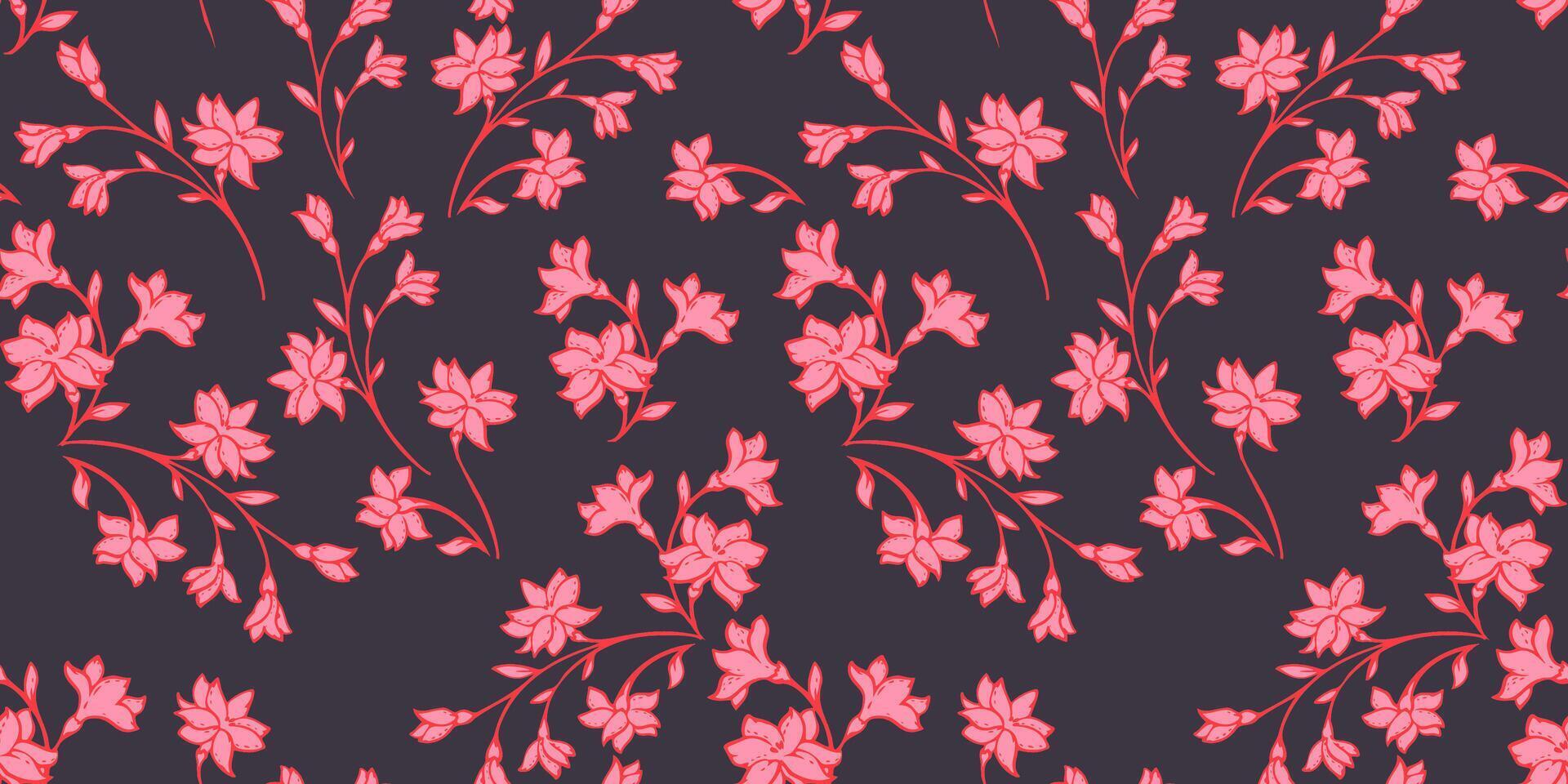 Artistic abstract branches with tiny wild ditsy floral, buds seamless pattern. hand drawn sketch red flowers silhouettes on dark background printing. Collage template for designs, fabric vector