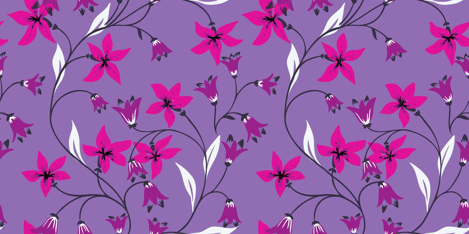Purple seamless pattern with abstract artistic branches tiny flowers bells. hand drawn. Simple violet background with creative wild floral stems intertwined in a printing. Template for designs vector