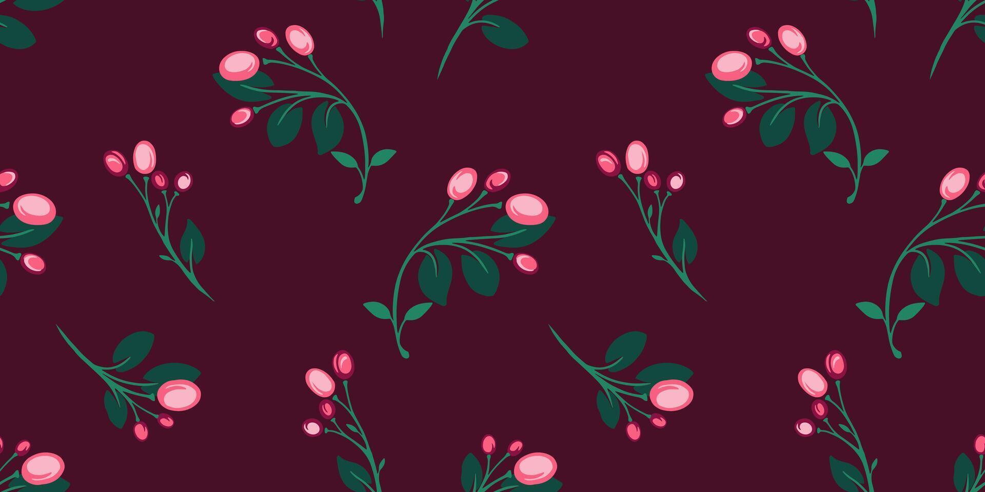 Minimalistic colorful seamless pattern with abstract tiny branches of leaves with shapes berries. hand drawn sketch. Simple creative burgundy printing background. vector