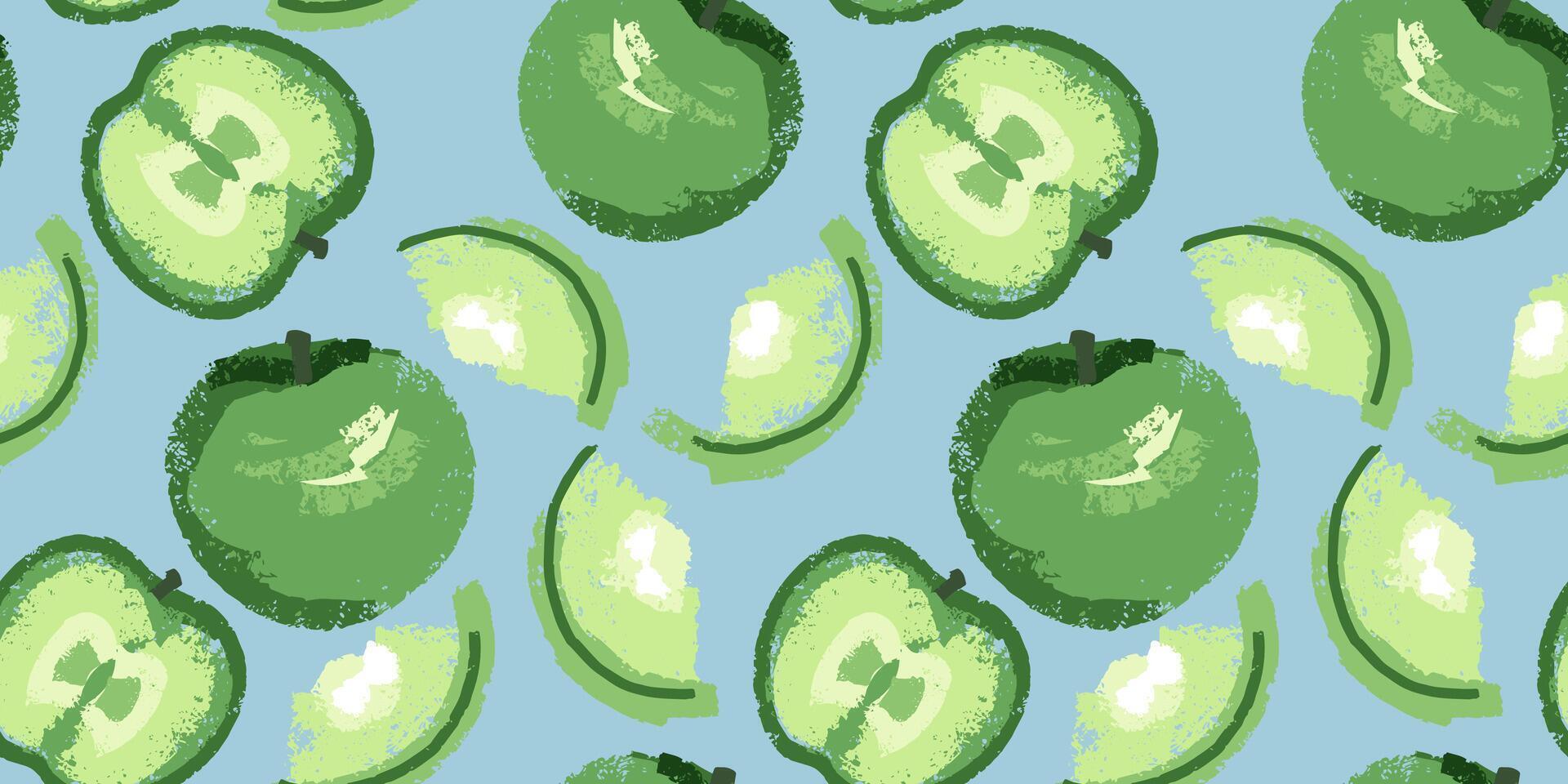 Seamless pattern with abstract green fruits apples and apple slices on o blue background . Stylized, creative hand drawn sketch. Shape apple textured print. Collage for designs, patterned vector