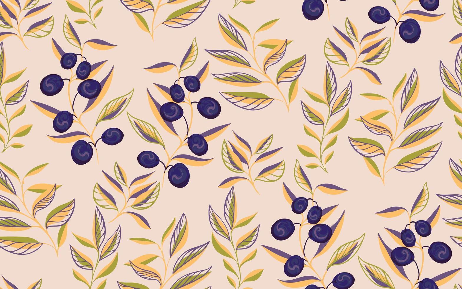 Abstract branches with leaves and creative olives berries seamless pattern. Colorful printing with decorative floral stems. hand drawn sketch. Template for textile, fabric, vector