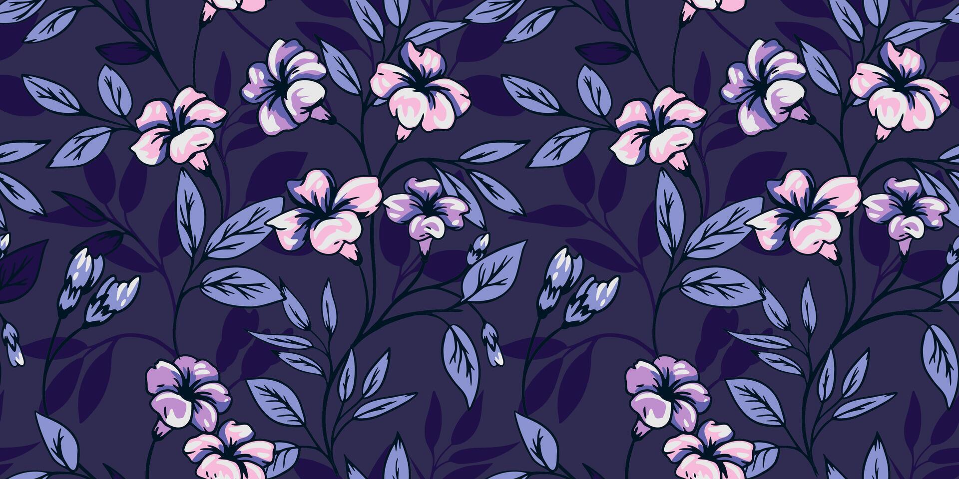 floreciente sin costura modelo con artístico, resumen ramas salvaje flores y hojas. vistoso azul floral tallos ornamento en un oscuro antecedentes. mano dibujado. modelo para diseño, moda, textil vector