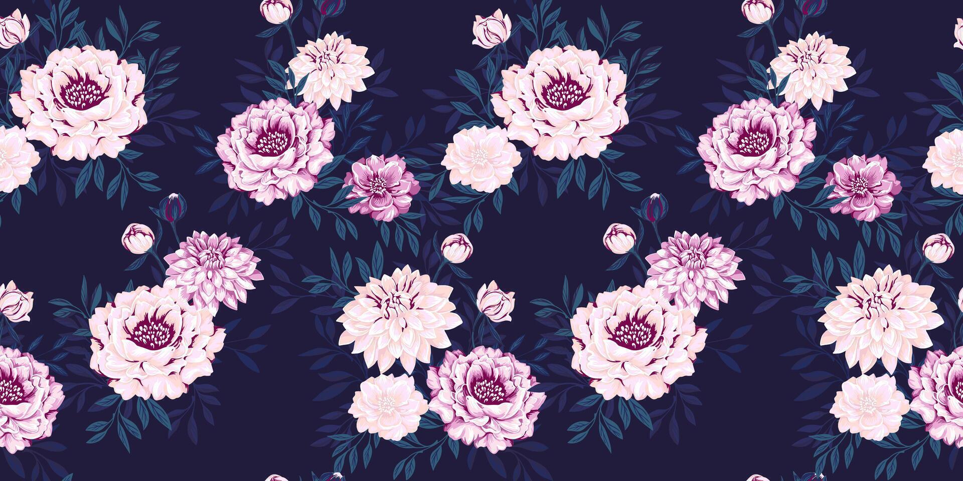 artístico resumen flores y hojas sin costura modelo en un oscuro antecedentes. floreciente floral impresión. mano dibujado ilustración. modelo para diseños, tela, moda, superficie diseño, fondo de pantalla vector