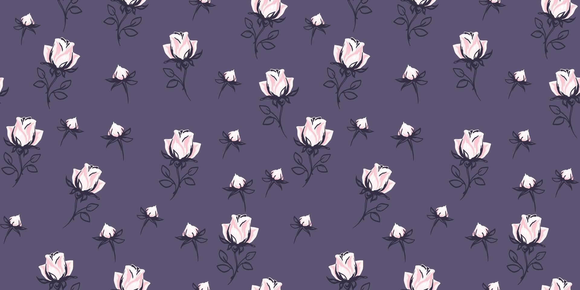 oscuro pastel sin costura modelo con resumen linda capullos de rosa, rosa, brotes creativo minúsculo flores impresión. mano dibujado bosquejo. modelo para diseños, tela, textil, fondo de pantalla vector