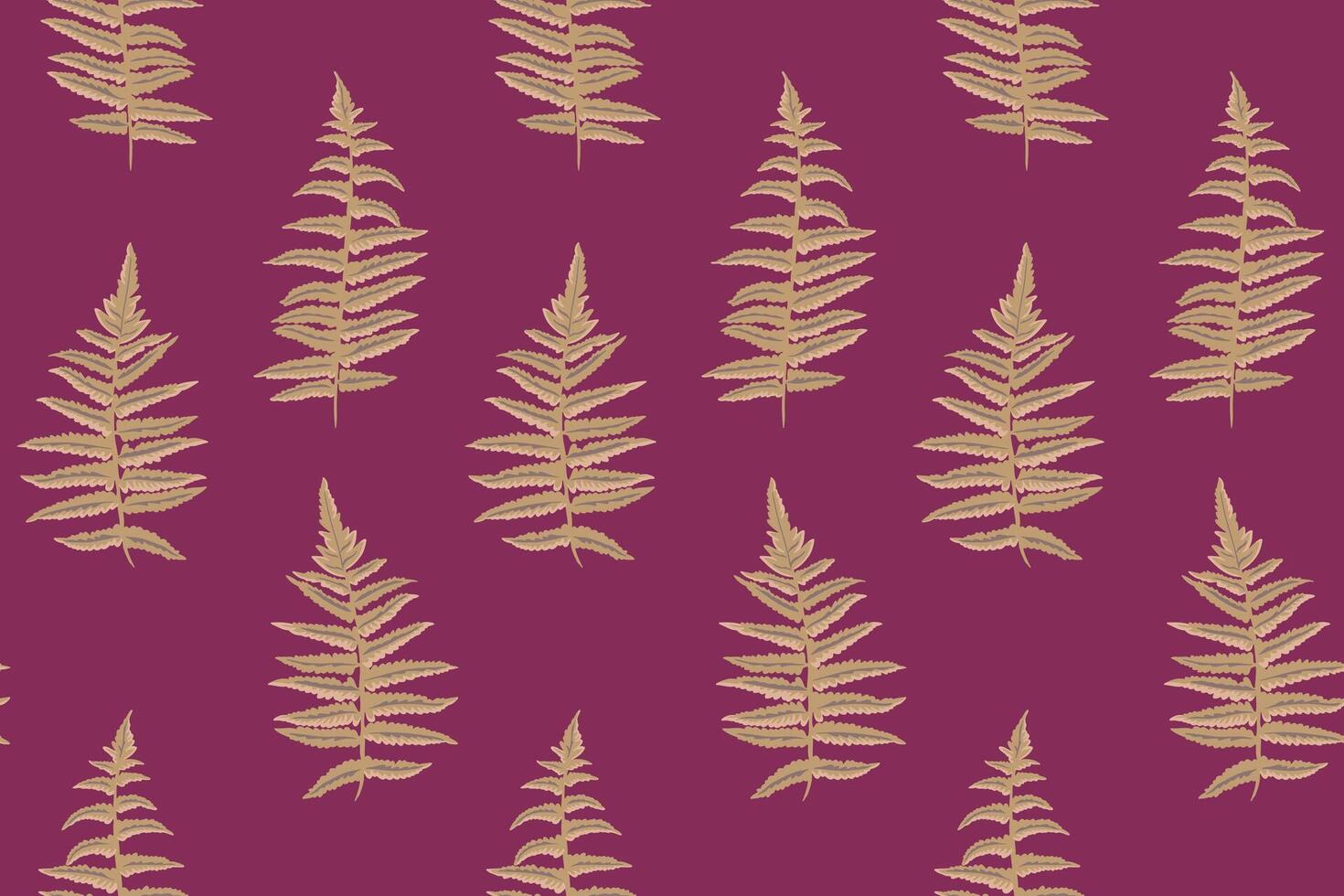 Minimalist seamless pattern with hand drawn abstract fern. Simple plant leaves ornaments on a burgundy background. Collage template for designs, textile, fabric, printing vector