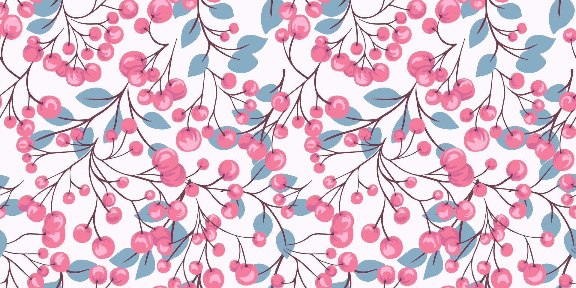 Abstract artistic branches with pink berries intertwined in a seamless pattern. Stylized cute juniper, boxwood, viburnum, dogwood barberry printing. Light botanical illustration. hand drawn. vector