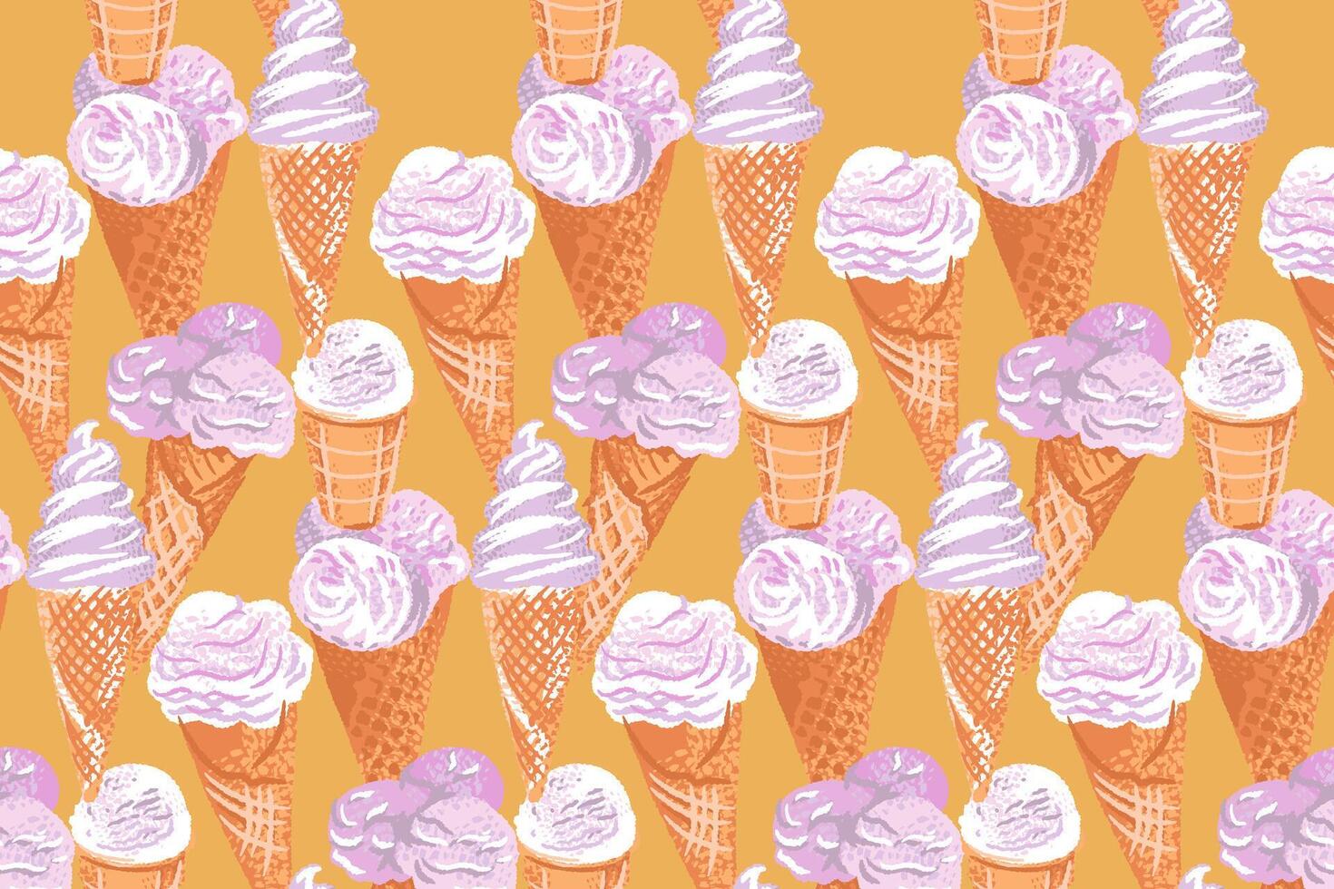 vistoso hielo crema sin costura modelo. mano dibujado ilustración. verano amarillo antecedentes con Fresco postre, resumen artístico dulces collage para diseños, cocina textiles, niños textiles vector