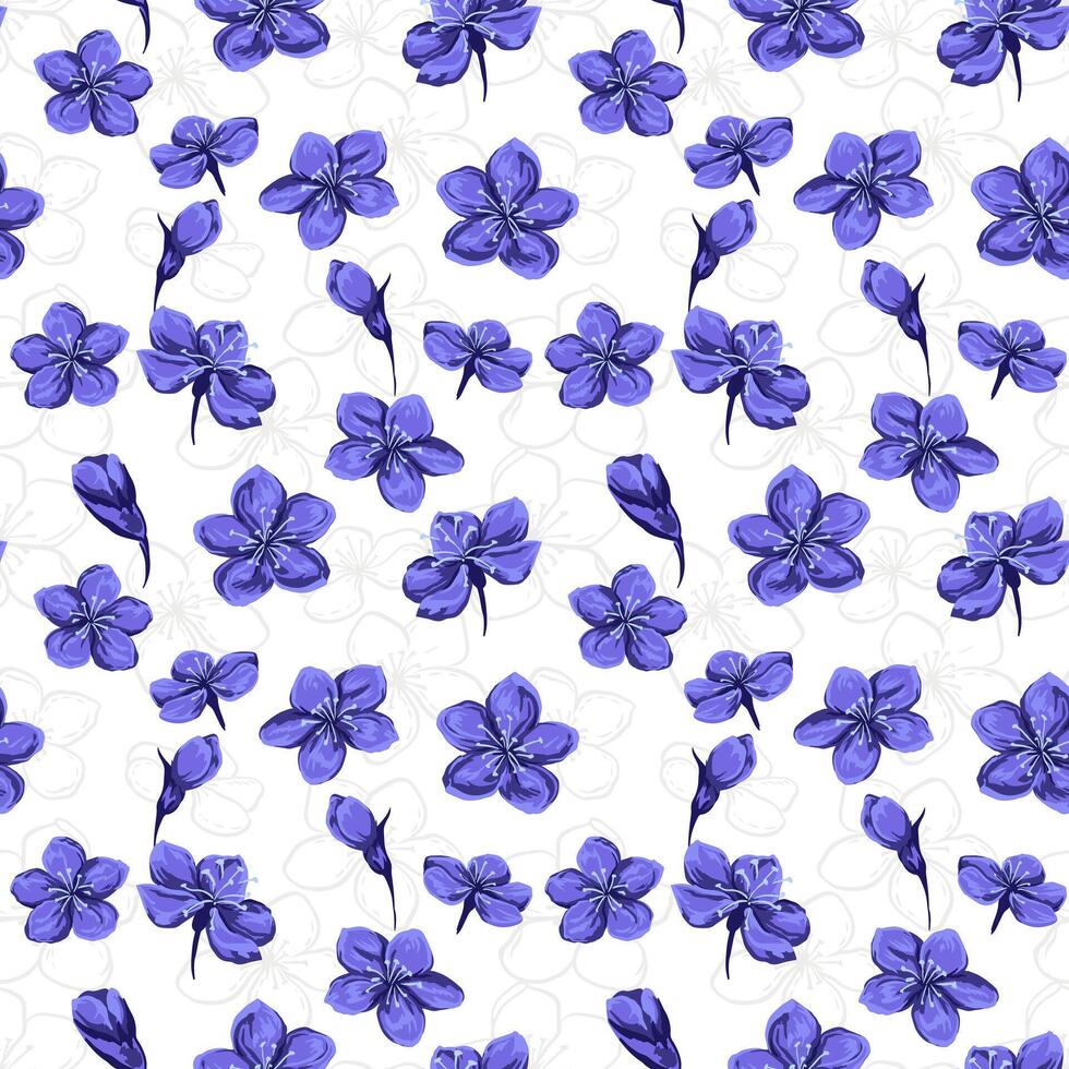 resumen artístico ditsy flores y brotes sin costura modelo en un blanco antecedentes. mano dibujado ilustración. floreciente azul salvaje floral ornamento. modelo para diseños, textiles, tela vector